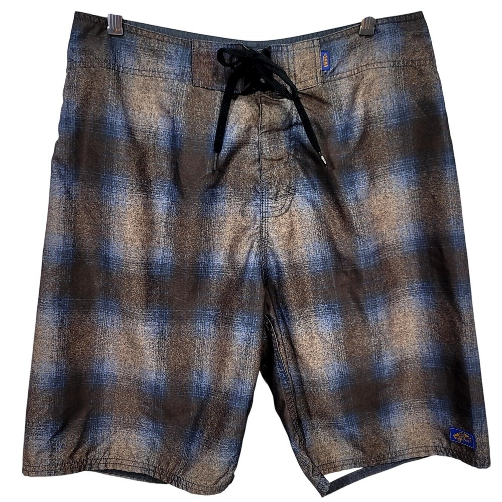 Vans Mens Plaid Board Shorts Brown Blue Ombre Swim Trunks Size 33 V-Fly
